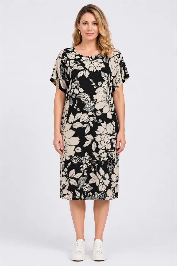 Kadın Büyük Beden Siyah, Çiçek Desenli Cepli Viskon Elbise 65N39471