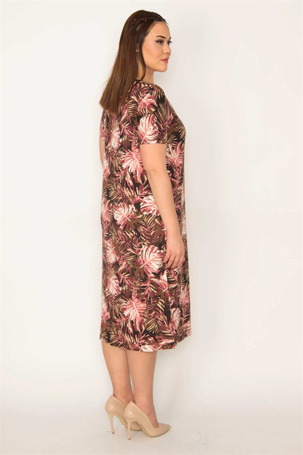 KADIN RENKLİ ÇİÇEK DESENLİ KISA KOL VİSKON ELBİSE