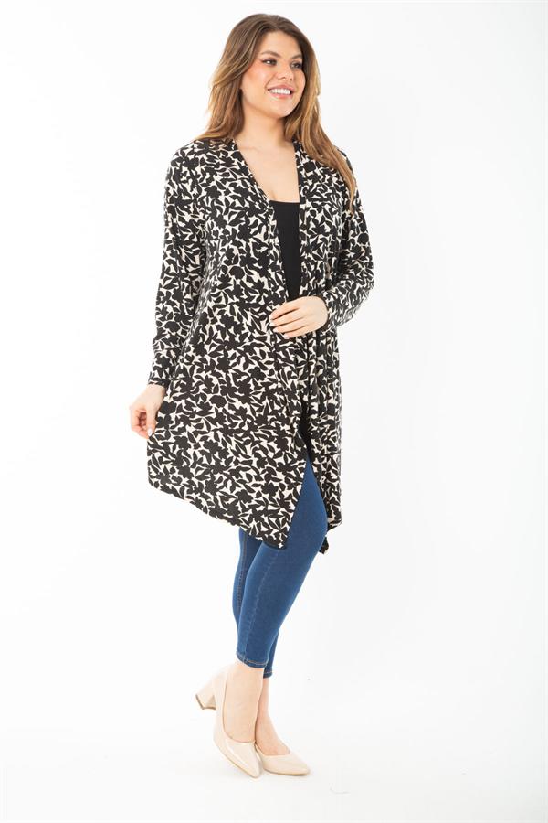 Kadın Büyük Beden Siyah Uzun Kollu Desenli Viskon Hırka 65N37429