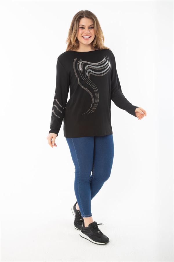 Kadın Büyük Beden Siyah Kol Ve Önü Taş Detaylı Bluz 65N37325