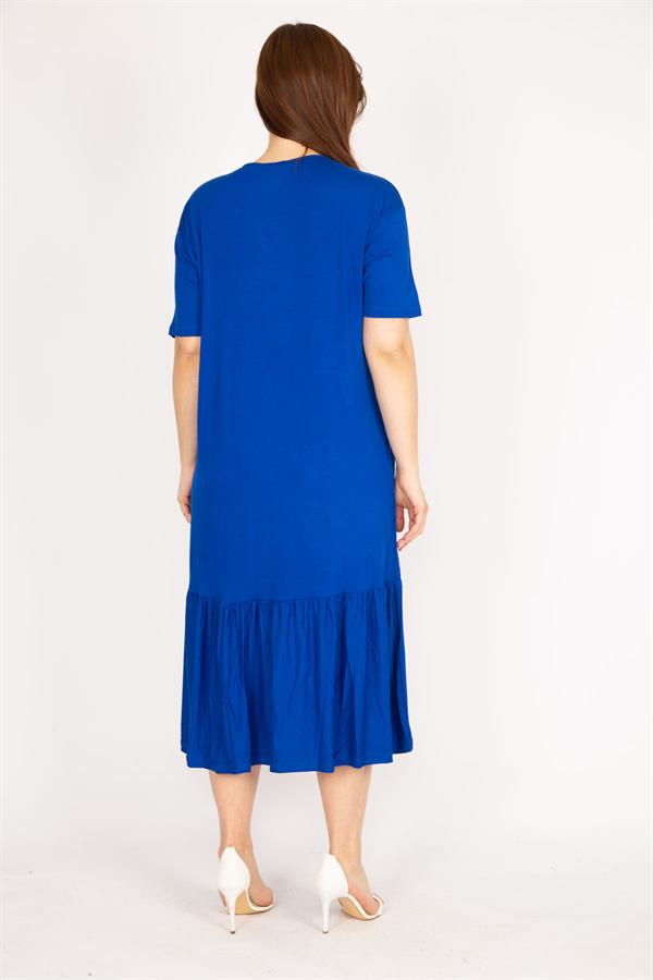 Kadın Saks Büyük Beden Nakış Detaylı V Yaka Yan Cepli Elbise