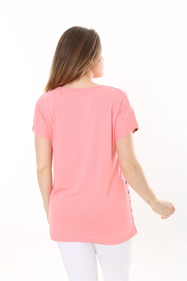 Kadın Büyük Beden Lacivert Bisiklet Yakalı Ön Desenli Kısa Kollu Bluz 65N37639