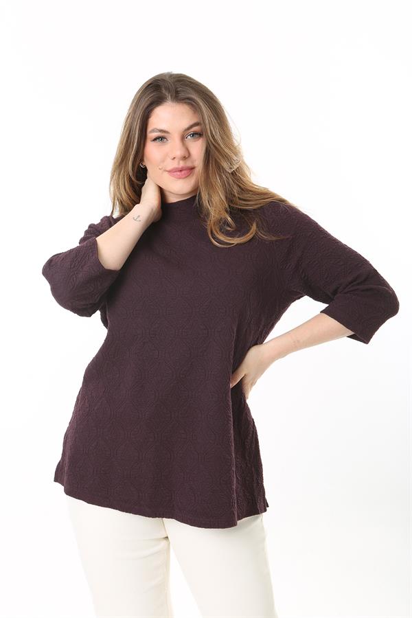 Kadın Büyük Beden Mürdüm Sıfır Yakalı Kendinden Desenli Kapri Kollu Tunik 65N37495