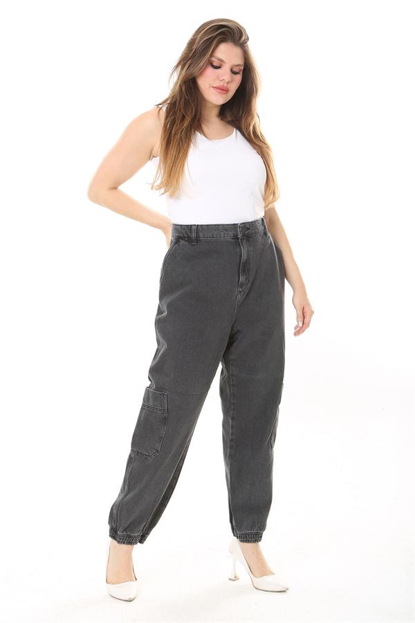Kadın Büyük Beden Füme Kargo Cepli Paçası Lastik Detaylı Kot Pantolon 65N38028