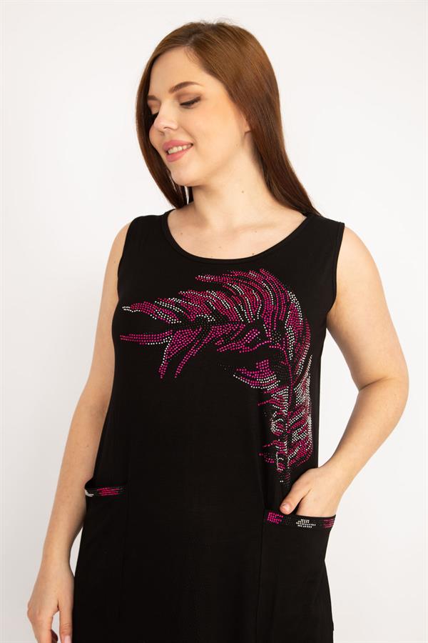 Kadın Siyah Büyük Beden Taş Detaylı Ön Cepli Elbise