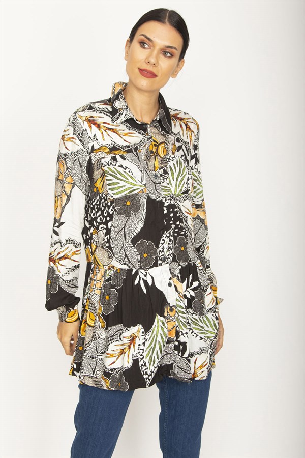 WOMEN'S COLORFUL FLORAL PATTERNED SHIRT WITH HEM DETAILED