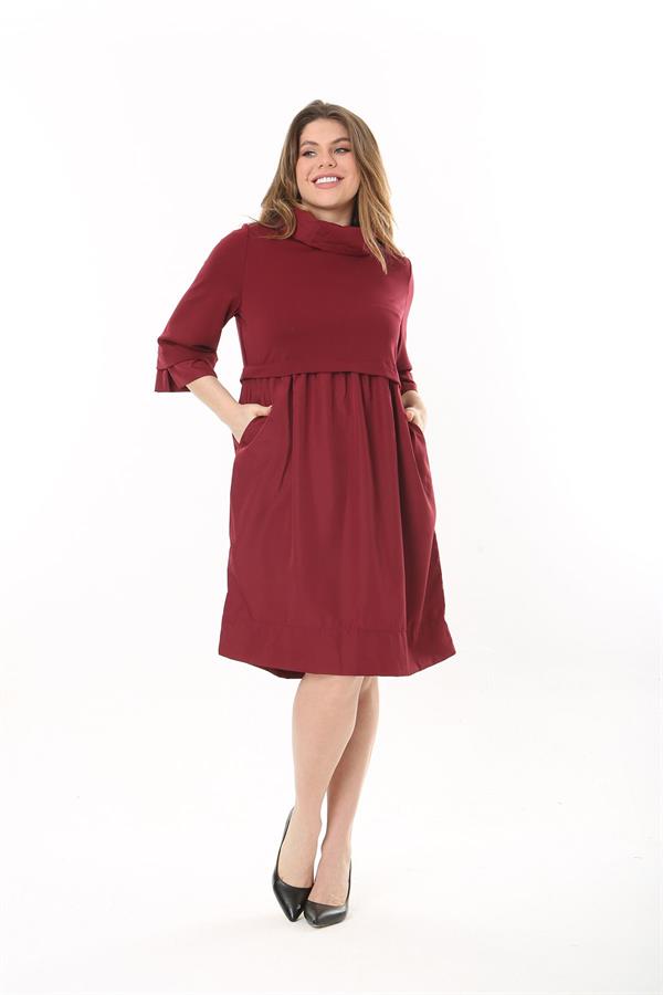 Kadın Büyük Beden Bordo Yaka Kol Ağzı Ve Etek Kısmı Tafta Kumaş Elbise 65N37545