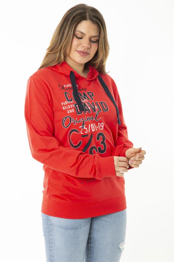 Women's Plus Size Red Double-Thread Front Printed Hooded Sweatshirt 65N37161