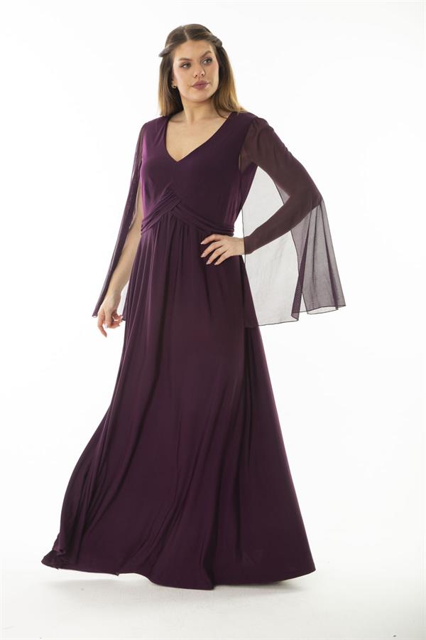 Kadın Büyük Beden Lacivert Bel Detaylı Kolları Tül Abiye Elbise 65N37065