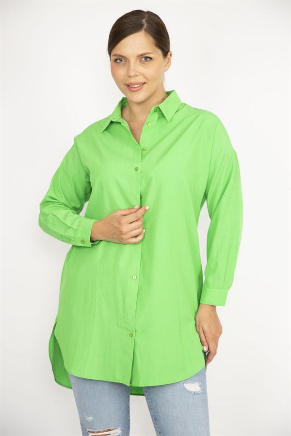 Kadın Büyük Beden Yeşil Ön Düğmeli Uzun Kollu Gömlek 65N37038