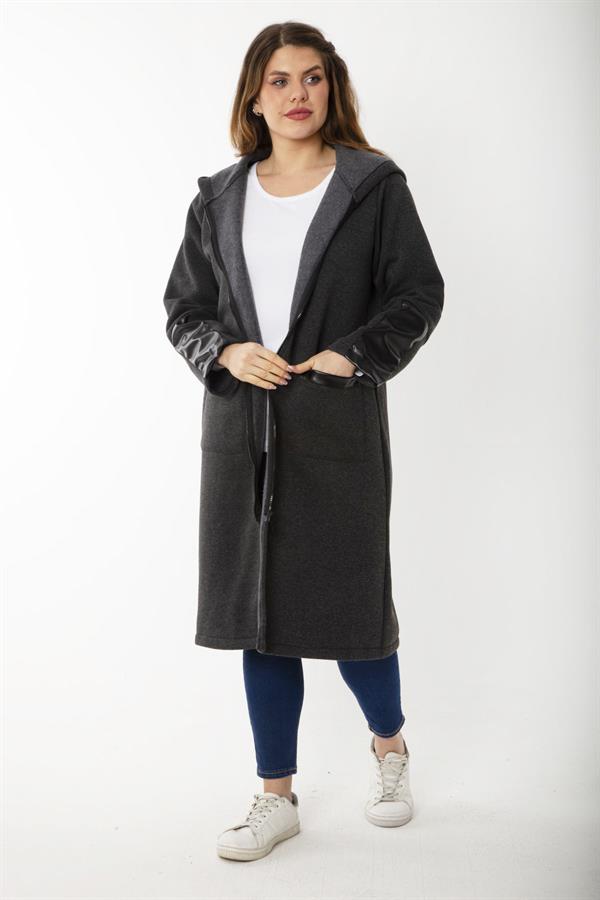 Kadın Büyük Beden Füme Ön Fermuarlı Kapşonlu Astarsız Suni Deri Garnili Kaban 65N37179