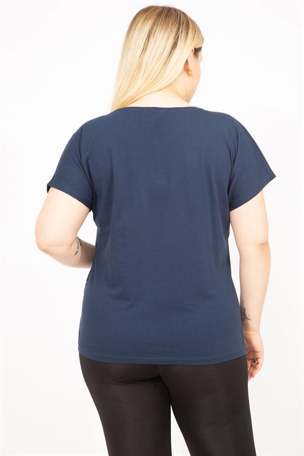 Kadın Lacivert Büyük Beden Pamuklu Kumaş Ön Desenli Bluz 65N35767