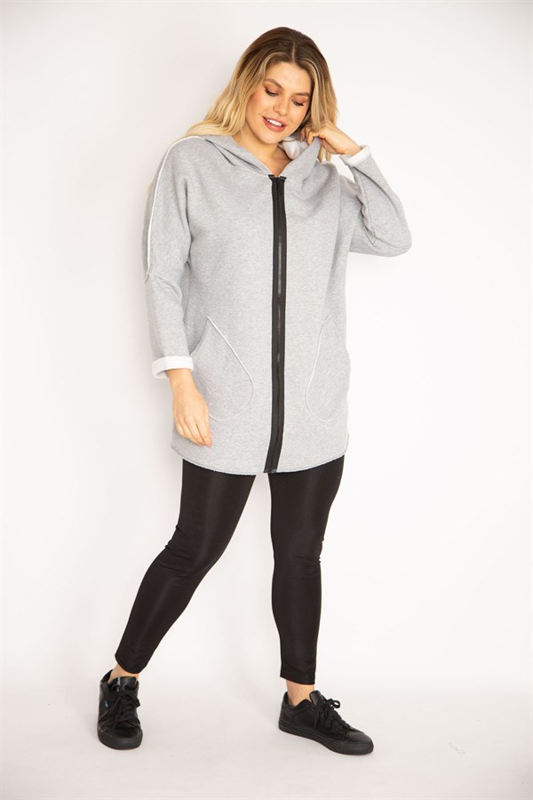 Kadın Antrasit Ön Fermuarlı Cep Ve Kapşonlu Mont 65N35108