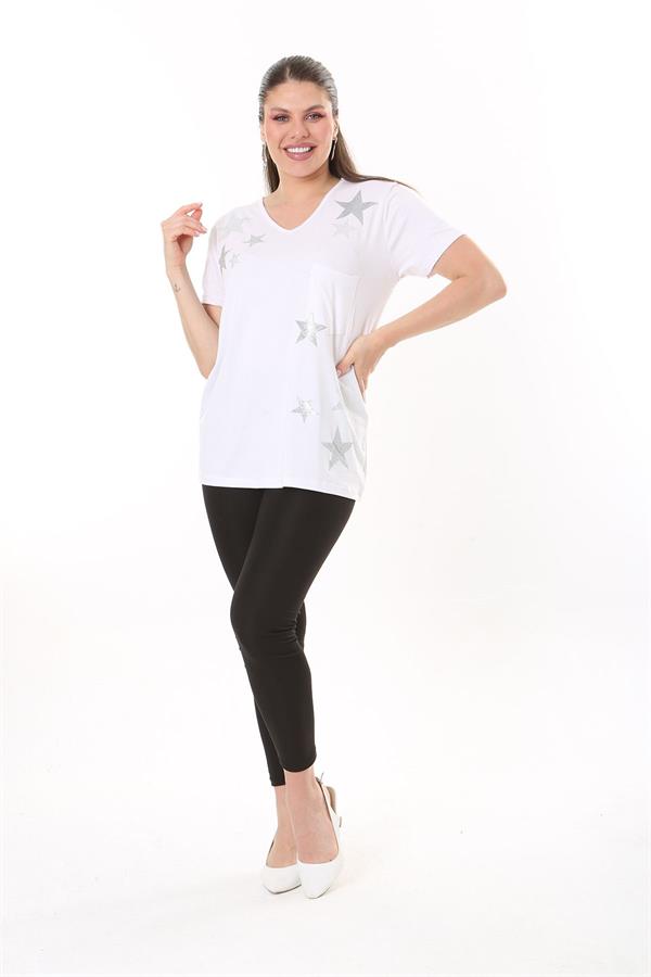 Kadın Büyük Beden Beyaz Taş Detaylı V Yaka Göğüs Cepli Kısa Kollu Bluz 65N37678