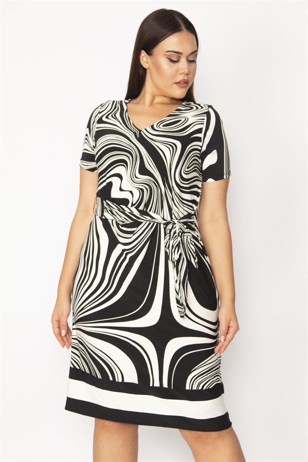 Kadın Siyah V Yakalı Önü Bağcık Detaylı Desenli Elbise 65N29396