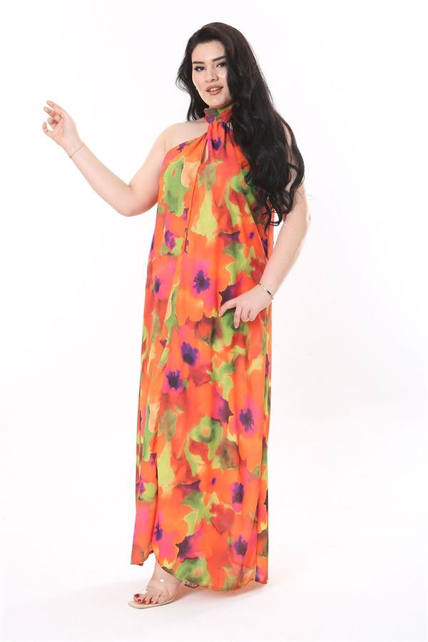 Kadın Büyük Beden Renkli Boyundan Bağlamalı Astarsız Krep Elbise 65N37940