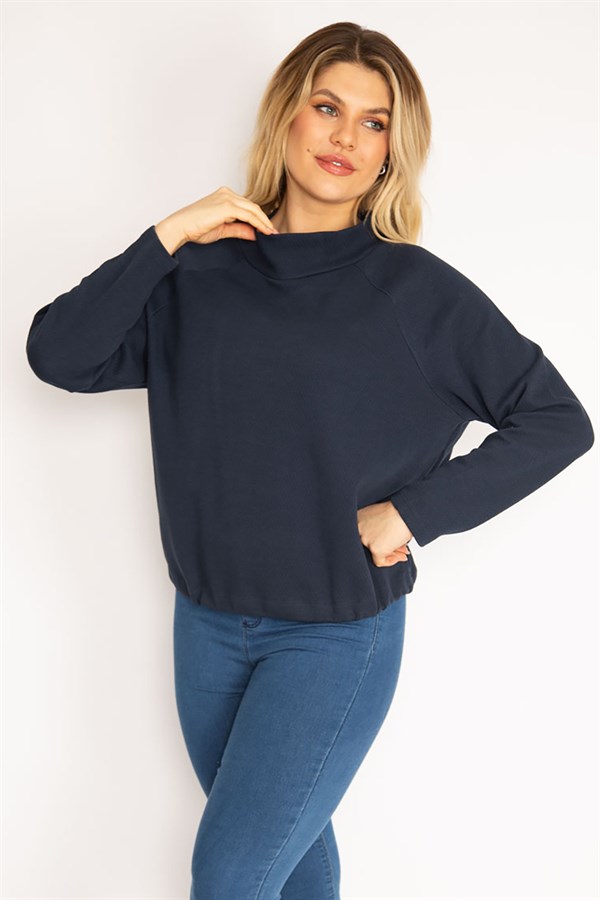 Women's Navy Blue Raglan Sleeve Hem Eyelet Lace-Up Sweatshirt 65N35182