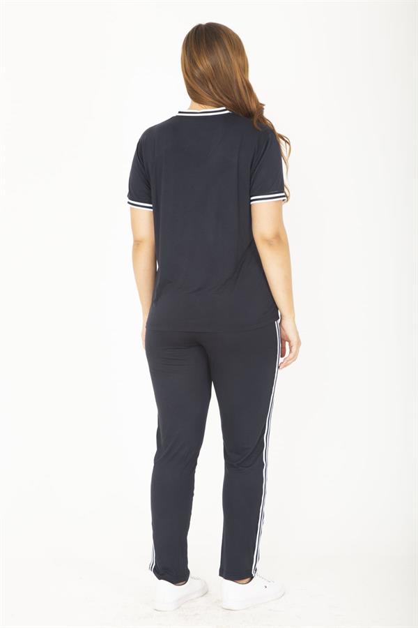 Kadın Büyük Beden Lacivert Ribanall Kısa Kollu Bluz Pantolon Eşofman Takım 65N36811