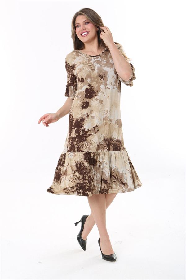 Kadın Büyük Beden Kahve Batik Desenli Kısa Kollu Etek Ucu Katlı Elbise 65N37764