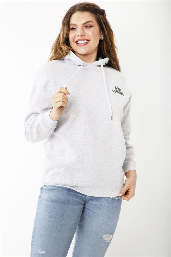 Women's Plus Size Gray Three-Thread Hooded Sweatshirt with Raised Inside 65N37199