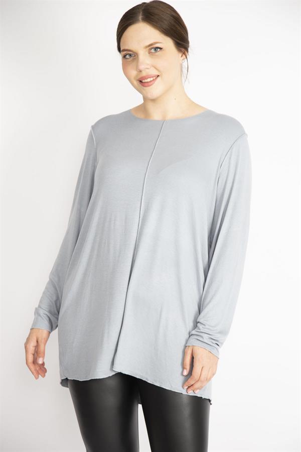 Kadın Gri Büyük Beden Bisiklet Yakalı Uzun Kollu Likralı Tunik
