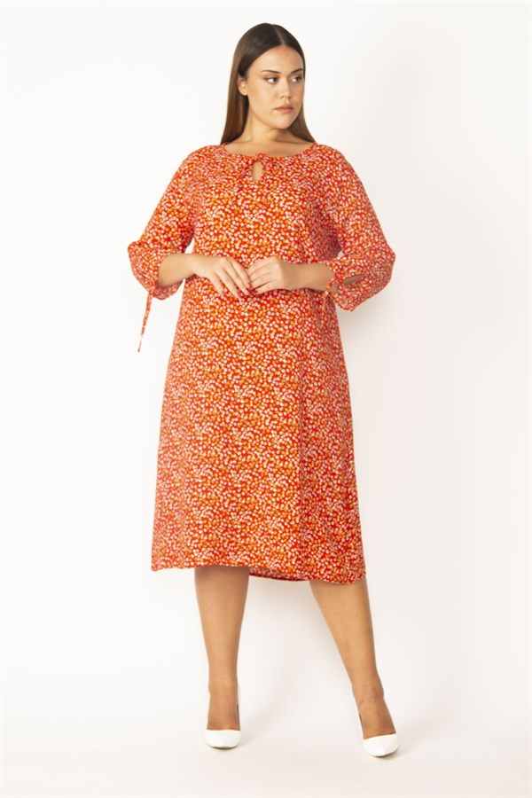 Kadın Bordo Yaka Ve Kolları Bağcık Detaylı Dokuma Viskon Kumaş Çıtır Desenli Elbise 65N28831