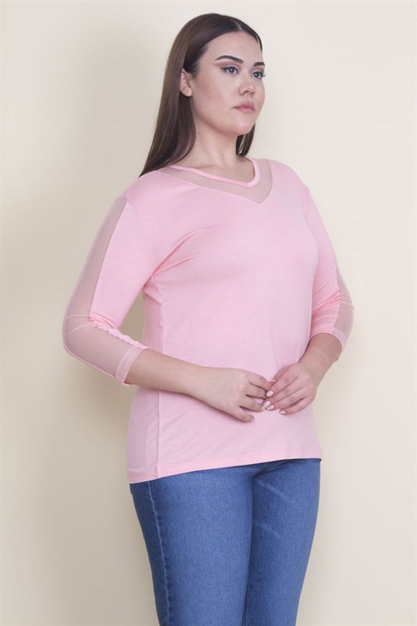 KADIN SOMON YAKA VE KOLLARI TÜL DETAYLI VİSKON BLUZ