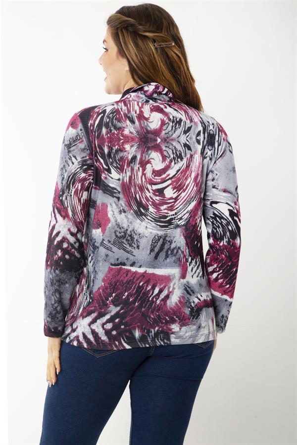 Kadın Büyük Beden Bordo Ön Patı Fermuarlı Uzun Kollu Desenli Bluz 65N37218
