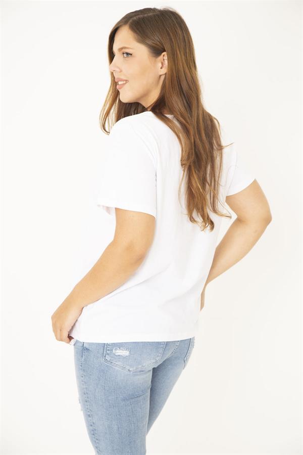 Kadın Büyük Beden Beyaz Pamuk Kumaş Ön Baskılı Bluz 65N36938
