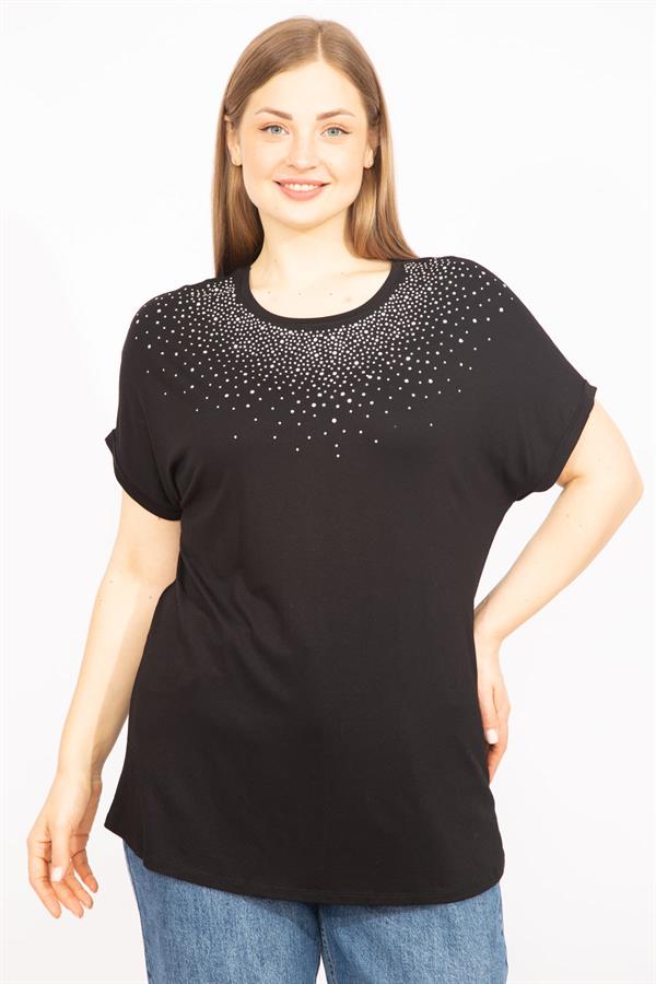 Kadın Mürdüm Büyük Beden Taş Detaylı Düşük Kol Bluz 65N35636