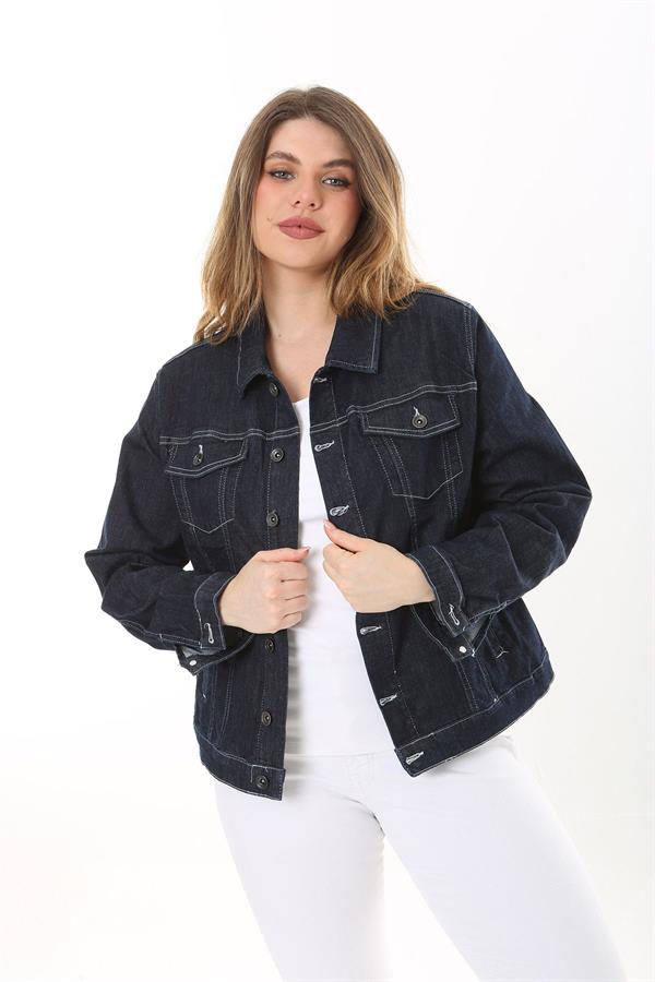 Kadın Büyük Beden Lacivert Ön Düğmeli Likralı Kot Mont 65N37576