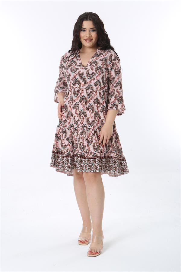 Kadın Büyük Beden Renkli V Yakalı Katlı Elbise 65N38583