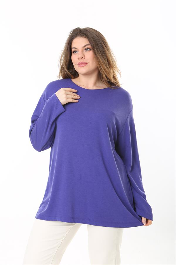 Kadın Büyük Beden Eflatun Bisiklet Yakalı Uzun Kollu Bluz 65N37498