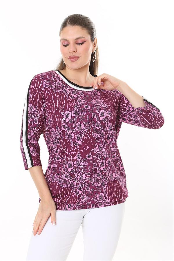 Kadın Büyük Beden Mürdüm Yaka Ve Kolları Sim Şerit Detaylı Uzun Kollu Bluz 65N37709