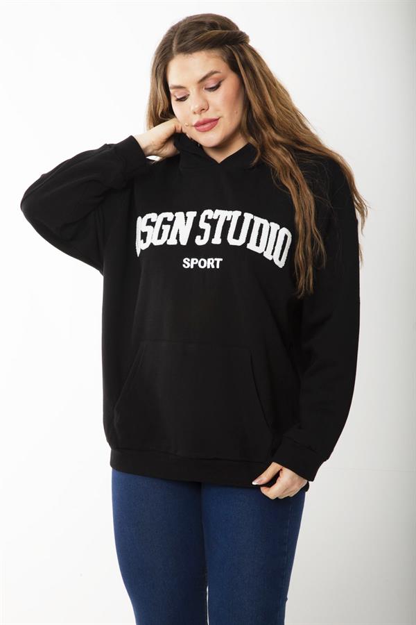 Women's Plus Size Black Embroidered Inside and Hooded Detailed Sweatshirt 65N37203