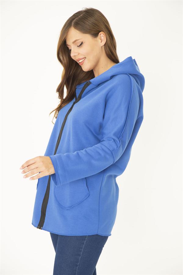 Kadın Büyük Beden Saks Ön Fermuar Ve Cepli Kapşonlu Kaşe Mont 65N36969