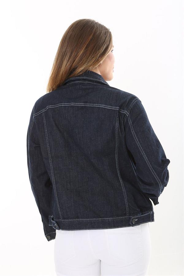 Kadın Büyük Beden Lacivert Ön Düğmeli Likralı Kot Mont 65N37576