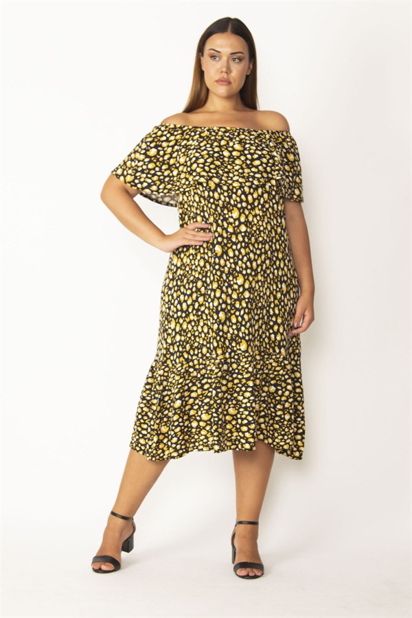 Kadın Kırmızı Yakası Lastik Ve Volan Detaylı Etek Ucu Katlı Dokma Viskon Kumaş Elbise 65N28546