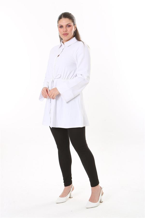 Kadın Büyük Beden Beyaz Ön Düğmeli Beli Tünel Bağcıklı Likralı Tunik Elbise 65N37700