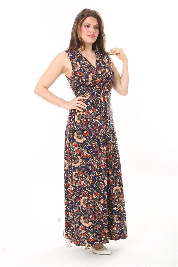 Kadın Büyük Beden Renkli Göğüs Büzgü Detaylı V Yaka Kuşaklı Elbise 65N37905