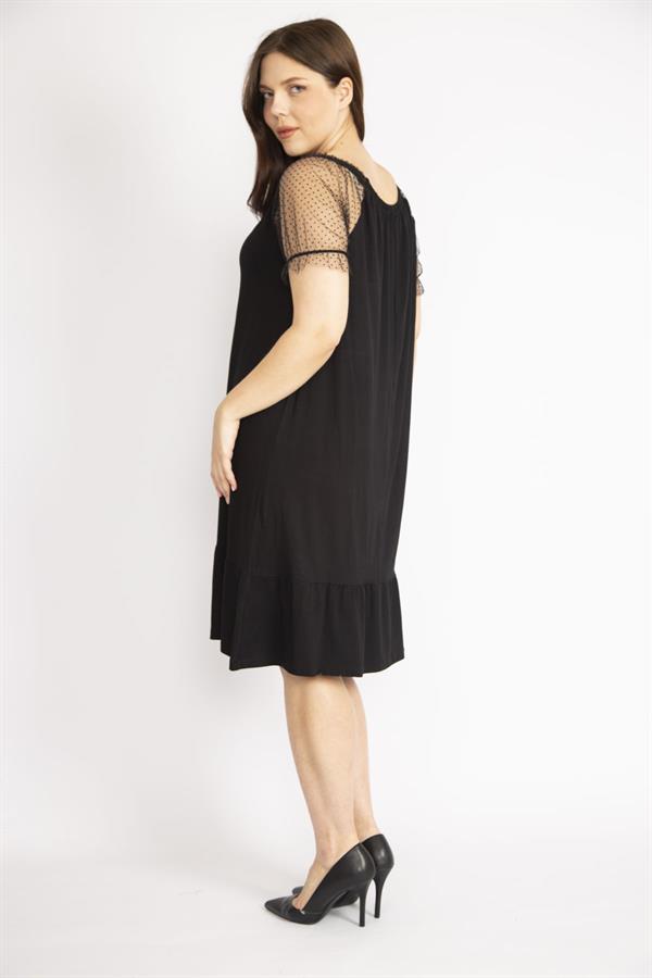 Kadın Kırmızı Büyük Beden Kolları Tül Yakası Lastik Detaylı Etek Ucu Katlı Elbise