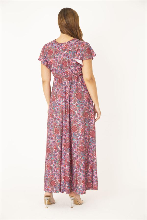 Kadın Büyük Beden Renkli Anvelop Yakalı Bel Bağcıklı Elbise 65N36878