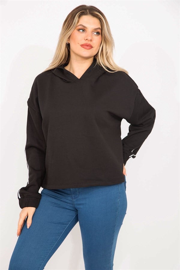 Kadın Siyah Kolları Biye Detaylı Kapşonlu Sweatshirt 65N35301