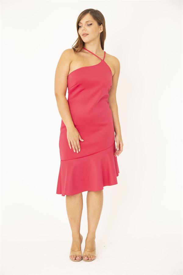 Kadın Büyük Beden Fujya Omuz Dekolteli Eteği Volanlı Astarlı Elbise 65N36845