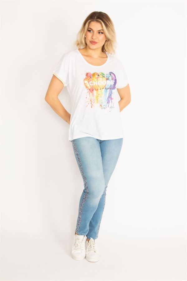 Kadın Beyaz Ön Baskılı Kolları Ribanalı Bluz 65N34715