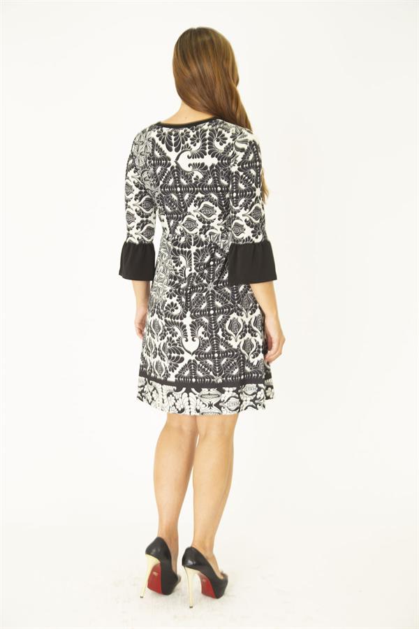 WOMEN'S BLACK V-NECK FLOUNCED SLEEVE DRESS