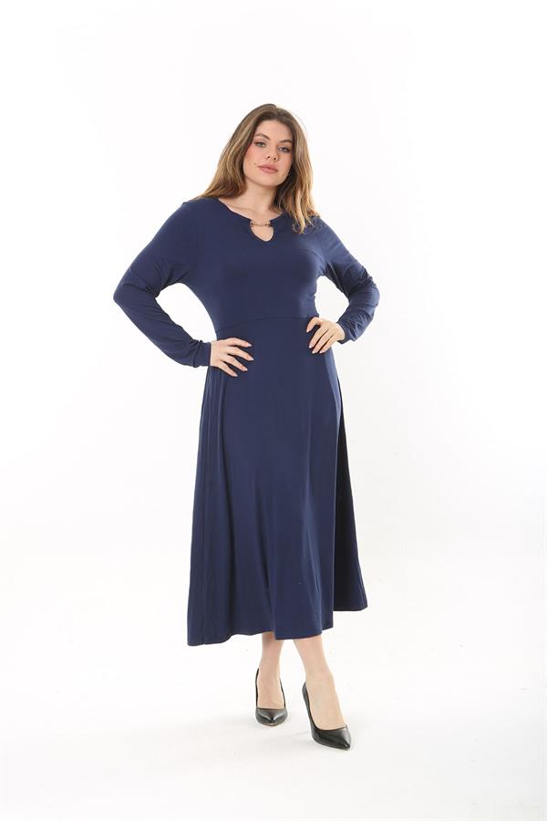 Kadın Büyük Beden Lacivert Öpücük Yakalı Uzun Kollu Elbise 65N37558