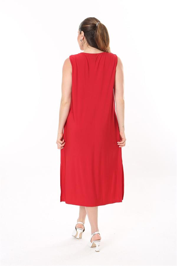 Kadın Büyük Beden Kırmızı Kare Yakalı Kolsuz Uzun Elbise 65N37738