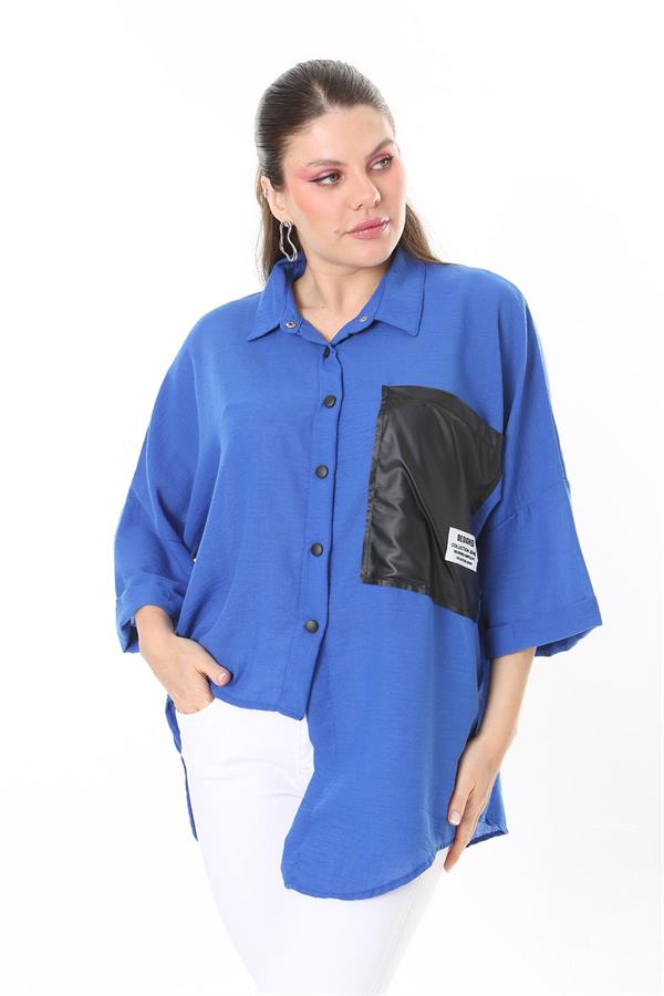 Chemise en similicuir grande taille pour femme, fermeture à boutons-pression, poche et détail sur le devant 65N37698 Chemise en similicuir grande taille pour femme, fermeture à boutons-pression, poche et détail sur le devant 65N37698