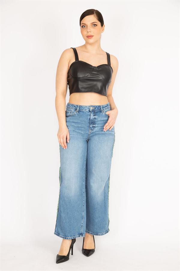 Kadın Mavi Büyük Beden Yan Şeritli 5 Cep Kot Pantolon